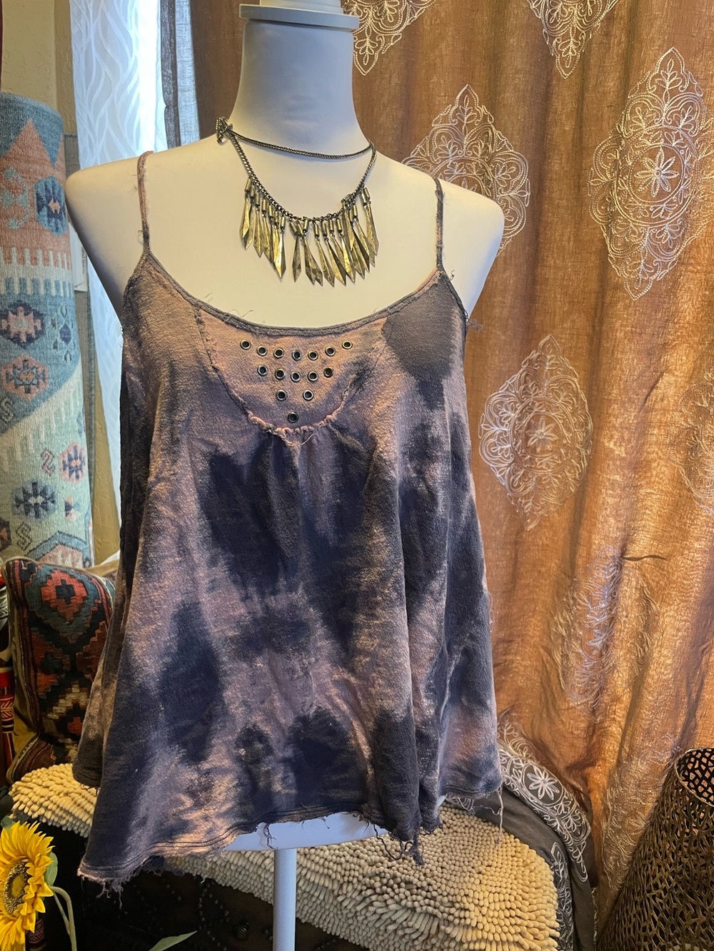 Free People Vintage Y2K 
 Tie Dye Grommet Distressed Tank Top Grunge indie OS